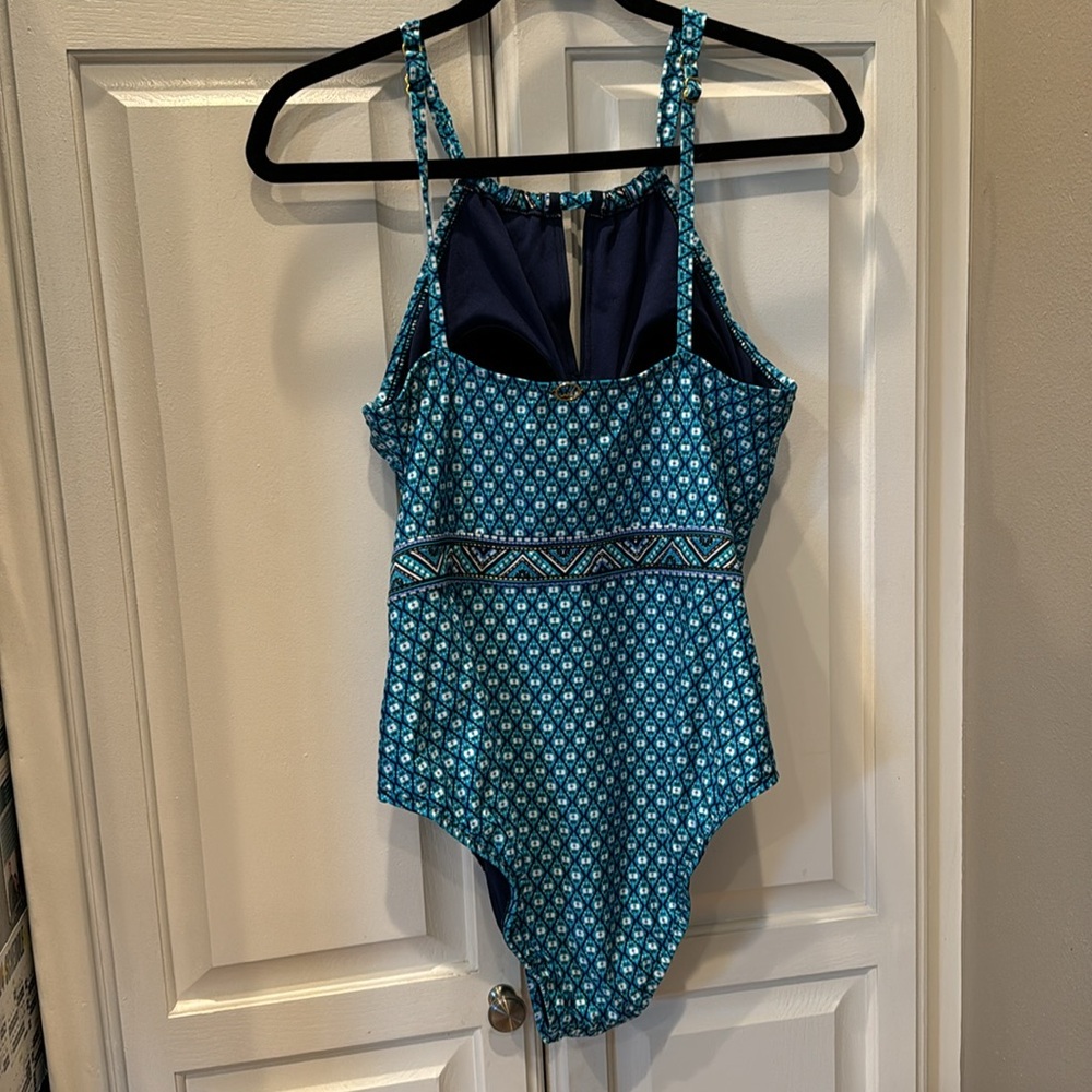Jantzen Blue Print Keyhole High Neck One piece Swim Suit Modest Molded Cups 12 - Picture 5 of 14